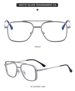 Front and 45-degree side views of matte silver aviator frames with double bridge design