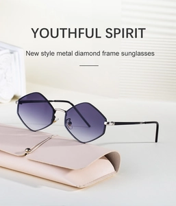 Detail of polygonal gradient purple sunglasses with metal frame on pink leather case