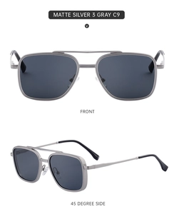 Front and side view of matte silver double-bridge vintage sunglasses with gray lenses