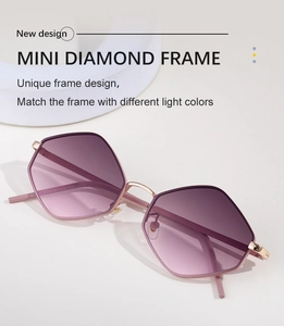 Detailed close-up of hexagonal sunglasses featuring purple gradient lenses and gold metal joints