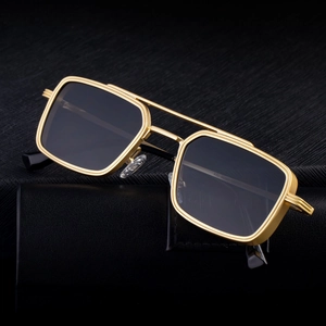 Premium gold square frame sunglasses for men with dark gray lenses and double bridge