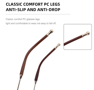 Detail of wood-textured brown PC eyeglass temples with gold metal anti-slip accents