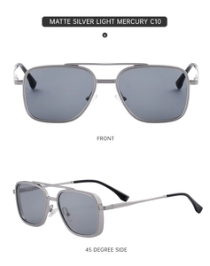 Front and 45-degree side views of matte silver square frame sunglasses with mercury lenses
