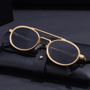 Retro round gold metal sunglasses with double bridge and black leather case