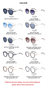 Detailed catalog of polygon sunglasses HJ-7330 in various frame colors and lens tints