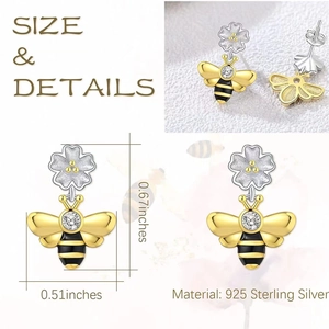 Boucles d'oreilles abeille et fleur en argent 925 avec dimensions et détails cristallins