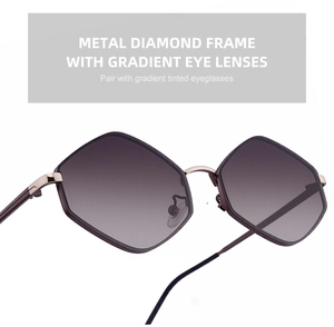 Detail view of rose gold polygonal metal frame with gradient gray fashion lenses