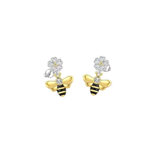 Boucles d'oreilles abeille et fleur élégantes en bicolore avec pierre de zircon