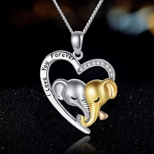 Collier Pendentif Éléphant Coeur Cuivre Tricolore Gravé I Love You Forever Zirconia Bijoux Cadeau Femmes Mode