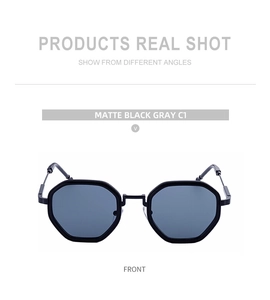 Front view of matte black polygon sunglasses with grey lenses and metal temples