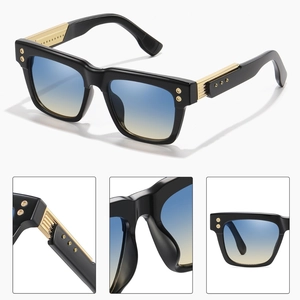 Square black sunglasses with blue-yellow gradient lenses and gold hinge accents