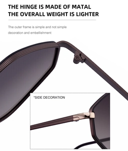 Close-up of metal hinge and golden temple decoration on brown polygonal sunglasses