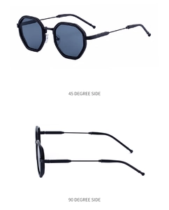 Detailed views showing the polygonal frame and slim metal temples of black sunglasses