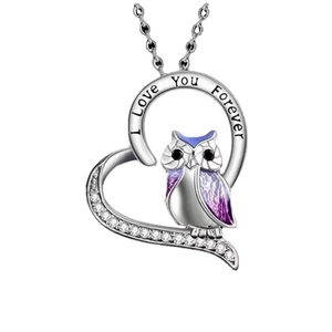 Collier cœur hibou avec gravure I Love You Forever et ailes en émail violet