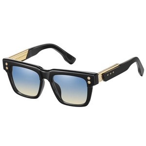 Classic square frame sunglasses with blue-yellow gradient lenses and gold metal accents