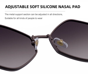 Detail of adjustable soft silicone nose pads on brown metal polygonal sunglasses
