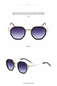 Detailed front and side views of C2 polygon sunglasses with gold frames and grey lenses