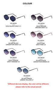 Multiple color variations of irregular hexagonal sunglasses model DG-98304 with metallic frames