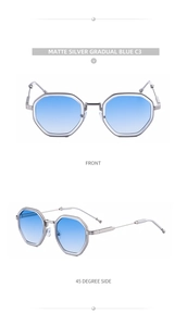 Detail of matte silver polygonal sunglasses with gradient blue lenses and metal temples