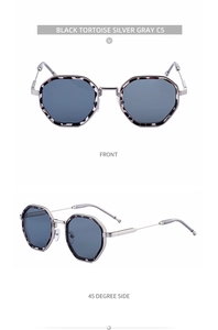 Detail view of C5 black tortoise polygon sunglasses with premium silver metal temples