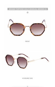 Detailed front and side view of brown tortoise polygon sunglasses with gold metal temples