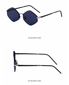 Detailed views of polygon sunglasses with gold hinges at 45 and 90 degree angles