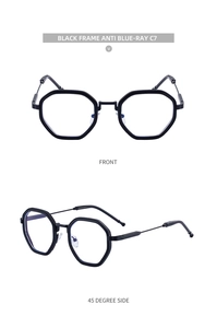 Front and 45-degree side views of black polygonal anti-blue light glasses with metal temples