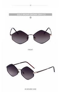 Detail of irregular geometric sunglasses with gold metal temples and gradient brown lenses