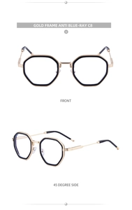 Detail of polygonal gold metal frames with black rims and premium anti-blue light lenses