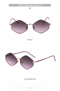 Detailed views of irregular hexagonal sunglasses with gold frames and pink gradient lenses