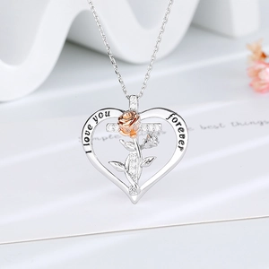 Collier Pendentif Cœur Cuivre Bicolore Rose Croix Gravé I Love You Forever Strass Bijoux De Mode Pour Femmes