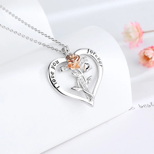 Collier cœur et croix bicolore avec rose dorée et gravure I love you forever