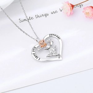 Collier cœur rose et croix bicolore avec gravure I love you forever et zircons