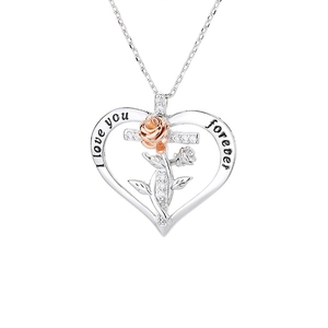 Collier cœur bicolore avec rose et pendentif gravé I Love You Forever élégant