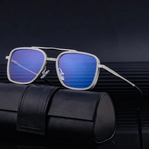 2025 modern double-bridge square sunglasses with silver metal frame and blue reflective lenses