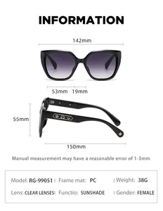 Detailed size chart for oversized cat-eye sunglasses with gold flower temple decor