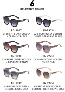 Detail showing oversized cat-eye sunglasses collection with golden flower logo and gradient lenses