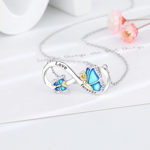Infinity Butterfly Pendant Necklace Copper Blue Enamel Cubic Zirconia Love Forever Engraved Romantic Fashion Jewelry Women