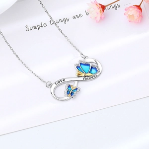 Silver infinity butterfly necklace with blue enamel wings and Love forever engraving
