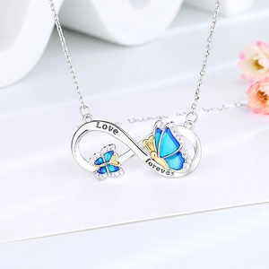 Infinity butterfly necklace with blue enamel and Love Forever engraving in silver finish