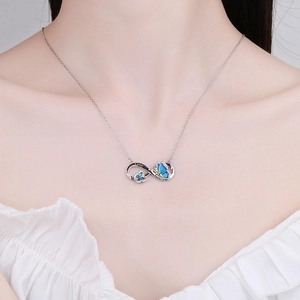 Infinity butterfly necklace with blue opal stones and Forever Love engraving for women