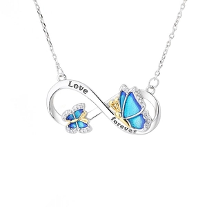 Silver infinity butterfly necklace with blue enamel and Love Forever engraving