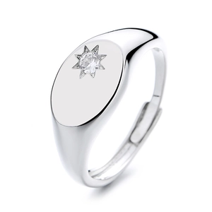 Silver geometric signet ring with a sparkling star-set zircon and adjustable open band