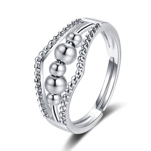 Bague anti-anxiété argentée avec perles rotatives et design ouvert réglable pour femme