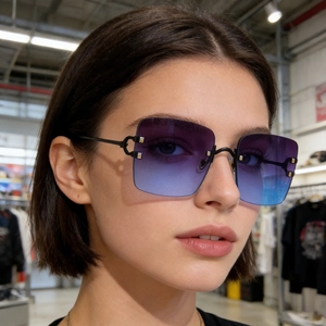 Women's square rimless sunglasses with blue-purple gradient lenses and gold temples
