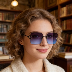 Fashion Women Rimless Square Sunglasses Gradient Lens Metal Frame UV400 Protection Shades Retro C-Hinge Design Sun Glasses