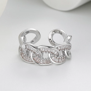 Silver chain link ring with pavé crystals in a luxury open adjustable design