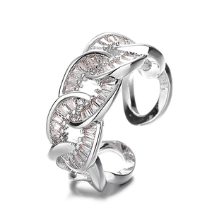 Luxurious silver chain ring encrusted with zircon diamonds in an adjustable open design