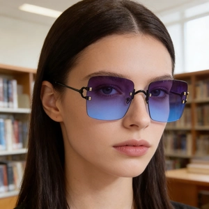 Detail of luxury rimless sunglasses with blue gradient lenses and golden C-shaped hinges