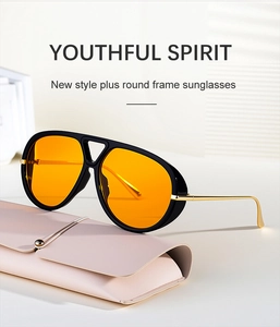 Modern retro aviator sunglasses with orange lenses and a pink leather pouch